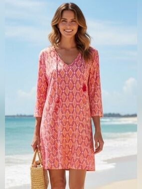 Viv & Lou Geometric Midi Shift Dress Tassels Coastal Resortwear Pink & Orange